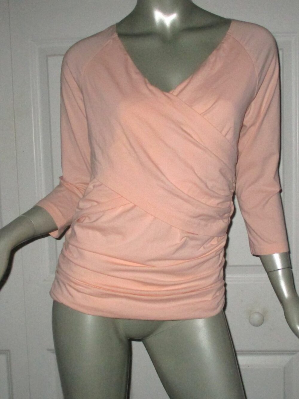 SUNDANCE Peach Surplice Ruched High-Low 3/4 Sleeve Top